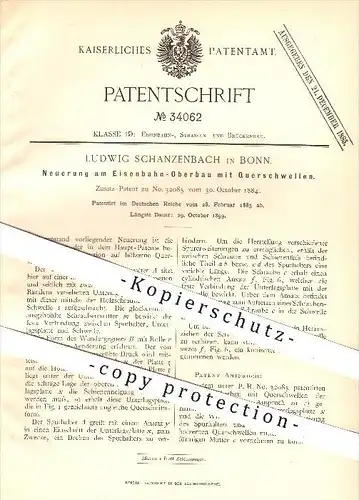 original Patent - L. Schanzenbach , Bonn ,1885, Eisenbahn - Oberbau mit Querschwellen , Schwellen , Gleise , Eisenbahnen
