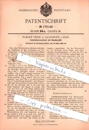 Original Patent  - R. Veeck in Algenrodt b. Idar , 1906 , Drahthebelverschluß mit Montierstift !!!