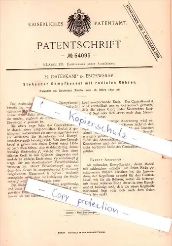 Original Patent  - H. Osterkamp in Eschweiler , 1890 , Dampfkessel nebst Ausrüstung !!!