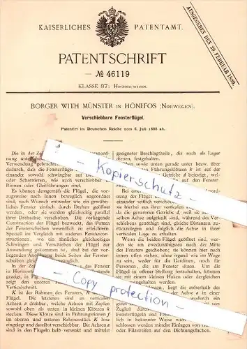 Original Patent  - Borger With Münster in Hönefos , Norwegen , 1888 , Verschiebbare Fensterflügel , Ringerike !!!