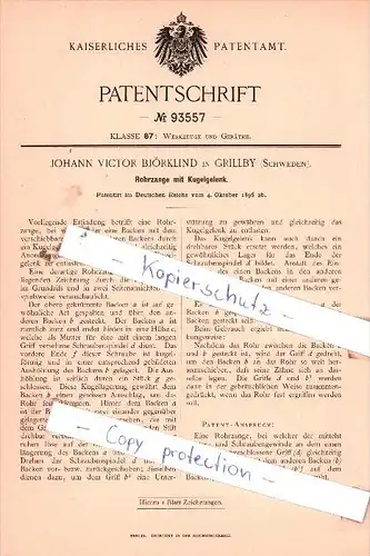 Original Patent  - J. V. Björklind in Grillby / Enköping , Schweden , 1896 , Rohrzange mit Kugelgelenk !!!