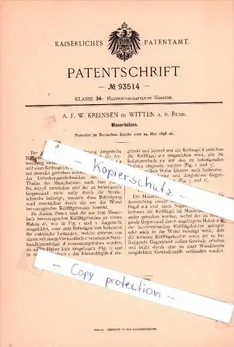 Original Patent  -  A. F. W. Kreinsen in Witten a. d. Ruhr , 1896 , Mauerbolzen !!!