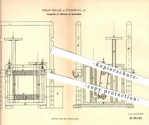 original Patent - P. Biegler , Strassburg , 1888 , Turngerät zur Stärkung der Beinmuskeln , Fitness , Turnen , Sport !!!