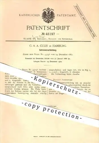original Patent - G. A. A. Culin in Hamburg , 1888 , Schienenverbindung , Schienen , Eisenbahn , Eisenbahnen , Gleise !!