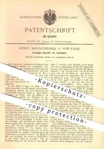 original Patent - H. Berolzheimer , New York , USA , 1887 , kombinierter Bleistift u. Federhalter , Schreibfeder , Stift