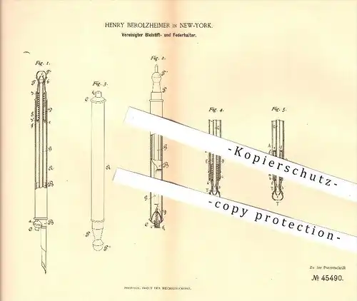 original Patent - H. Berolzheimer , New York , USA , 1887 , kombinierter Bleistift u. Federhalter , Schreibfeder , Stift