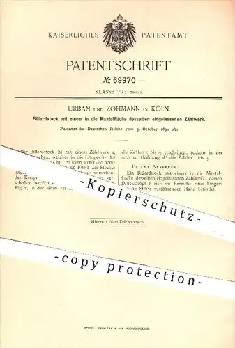 original Patent - Urban & Zohmann , Köln , 1892 , Billardstock mit Zählwerk , Queue , Billard , Sport , Billardspiel !