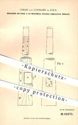 original Patent - Urban & Zohmann , Köln , 1892 , Billardstock mit Zählwerk , Queue , Billard , Sport , Billardspiel !