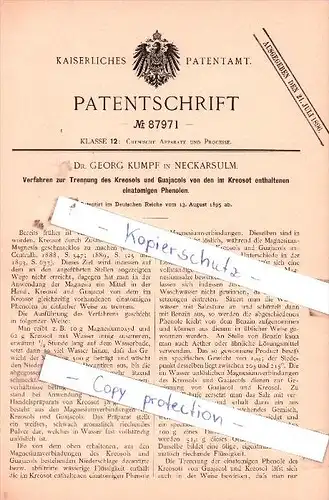 Original Patent  - Dr. Georg Kumpf in Neckarsulm , 1895 , Chemische Apparate und Processe !!!