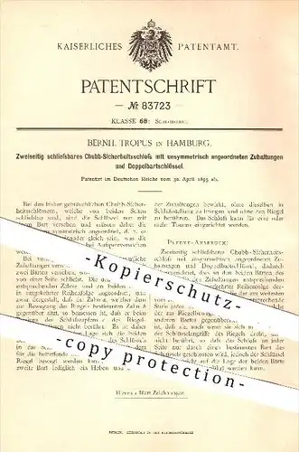 original Patent - B. Tropus , Hamburg , 1895 , Zweiseitig schließbares Chubb - Sicherheitsschloss , Schloss , Schlosser