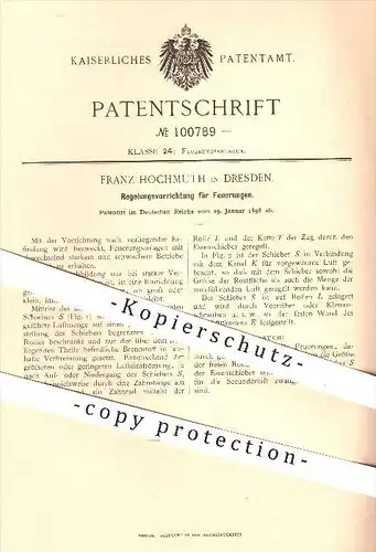 original Patent - F. Hochmuth , Dresden , 1898 , Regelung für Feuerungen , Feuerung , Heizung , Ofen , Öfen , Ofenbauer