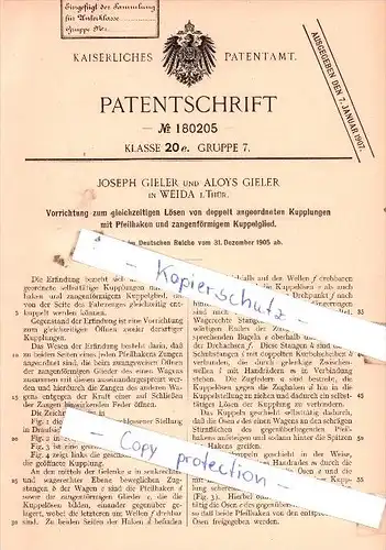 Original Patent  - Joseph und Alois Gieler in Weida i. Thür. , 1905 , Lösen von Kupplungen !!!