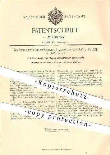 original Patent - Werkstatt für Präzisionswaagen von Paul Bunge , Hamburg , 1898 , Präzisionswaage , Waage , Waagen !!