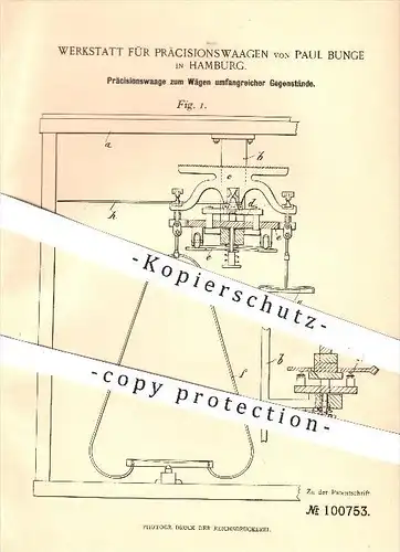original Patent - Werkstatt für Präzisionswaagen von Paul Bunge , Hamburg , 1898 , Präzisionswaage , Waage , Waagen !!