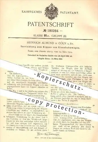 original Patent - Heinrich Aumund , Köln / Rhein , 1906 , Kippen von Eisenbahnwagen , Eisenbahn , Eisenbahnen , Wagon !!