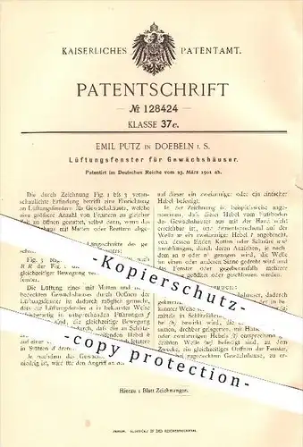 original Patent - Emil Putz in Doebeln , 1901 , Lüftungsfenster für Gewächshäuser , Fenster , Fensterbau , Gewächshaus !