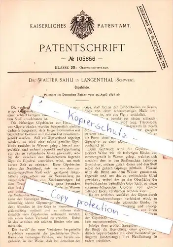 Original Patent  - Dr. Walter Sahli in Langenthal , Schweiz , 1898 , Gipsbinde !!!