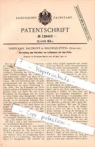 Original Patent  - Sabin Karl Salzmann in Milowszczyzna , Russland , 1901 , Luftpumpen !!!