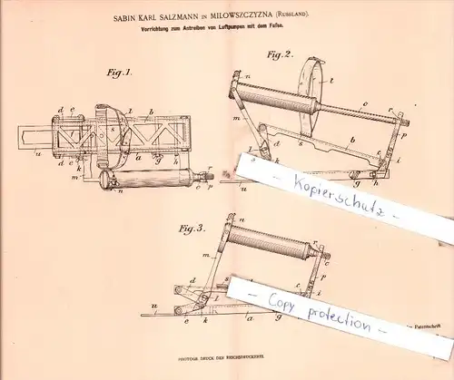 Original Patent  - Sabin Karl Salzmann in Milowszczyzna , Russland , 1901 , Luftpumpen !!!