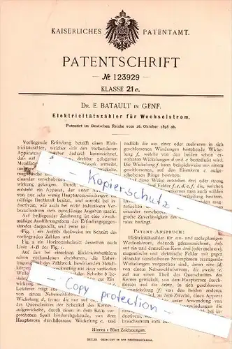 Original Patent  - Dr. E. Batault in Genf , 1898 , Elektricitätszähler für Wechselstrom !!!