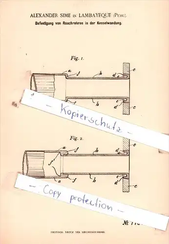 Original Patent  - Alexander Sime in Lambayeque , Peru , 1893 , Feuerungsanlagen !!!