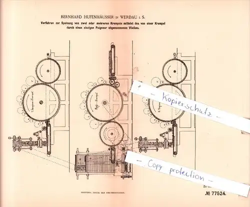 Original Patent  - Bernhard Hufenhäusser in Werdau i. S. , 1893 , Spinnerei !!!