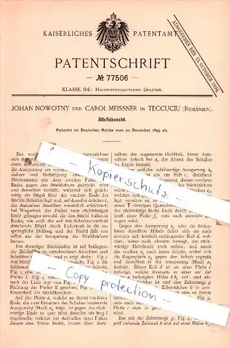 Original Patent  - J. Nowotny und C. Meissner in Teccuciu , Rumänien , 1893 , Stiefelknecht !!!