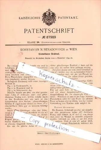 Original Patent  - Konstantin N. Nenadovitch in Wien , 1894 , Einstellbarer Bratrost !!!