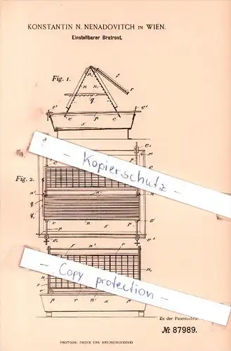 Original Patent  - Konstantin N. Nenadovitch in Wien , 1894 , Einstellbarer Bratrost !!!
