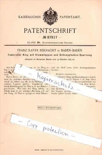 Original Patent  -  Franz Xaver Seilnacht in Baden-Baden , 1895 , Hauswirthschaftliche Geräthe !!!