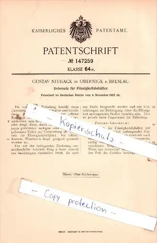 Original Patent  - G. Nithack in Obernigk b. Beslau , 1902 ,  Untersatz für Flüssigkeitsbehälter !!!