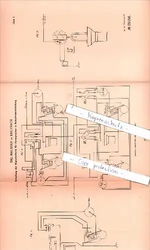 Original Patent  - Emil Mauritius in Kreuznach , 1885 , Elektrische Apparate !!!