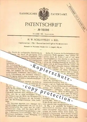 original Patent - H. W. Schlotfeldt in Kiel , 1885 , Indikator für Geschwindigkeitsmesser , Geschwindigkeit , Tachometer
