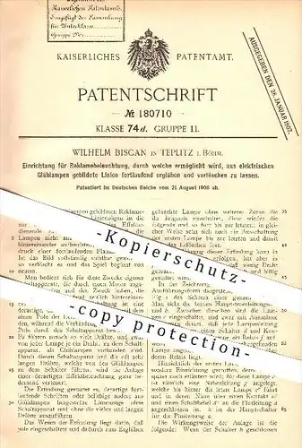 original Patent - W. Biscan , Teplitz , Böhmen , 1906 , Reklame - Beleuchtung mit elektr. Glühlampen , Werbung , Lampen