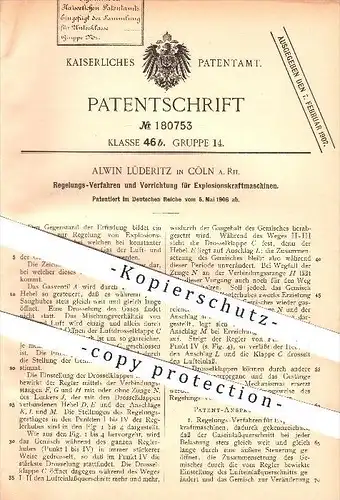 original Patent - Alwin Lüderitz , Köln / Rhein , 1906 , Regelung für Explosionskraftmaschinen , Motor , Motoren , Gas !