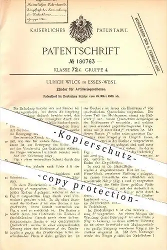 original Patent - U. Wilck , Essen , 1905 , Zünder für Artilleriegeschosse , Geschosse , Zündung , Waffen , Artillerie !