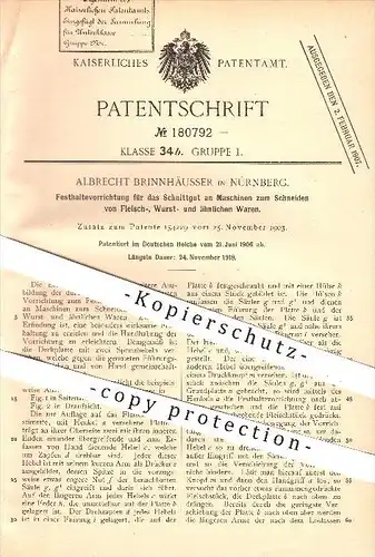 original Patent - A. Brinnhäusser , Nürnberg , 1906 , Schneidemaschine für Fleisch , Wurst , Schneiden , Schlachterei !!