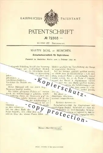 original Patent - Martin Bösl in München , 1893 , Sicherheitsverschluss für Kopierrahmen , Fotografie , Fotograf !!!