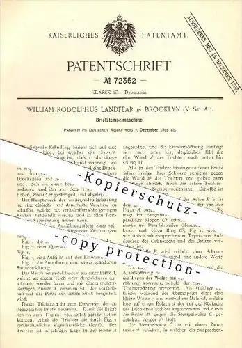 original Patent - William Rodolphus Landfear , Brooklyn , USA , 1892 , Briefstempel - Maschine , Brief , Stempel , Druck