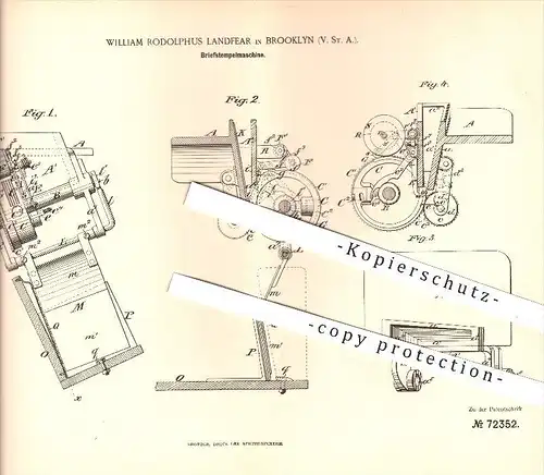 original Patent - William Rodolphus Landfear , Brooklyn , USA , 1892 , Briefstempel - Maschine , Brief , Stempel , Druck