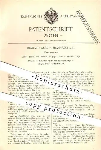 original Patent - Richard Goll in Frankfurt / Main , 1892 , Feuerungsrost , Feuerung , Rost , Ofenrost , Ofen , Öfen !!!