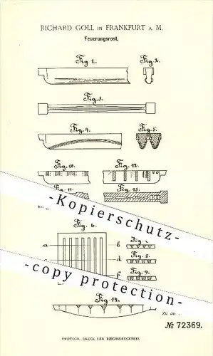 original Patent - Richard Goll in Frankfurt / Main , 1892 , Feuerungsrost , Feuerung , Rost , Ofenrost , Ofen , Öfen !!!