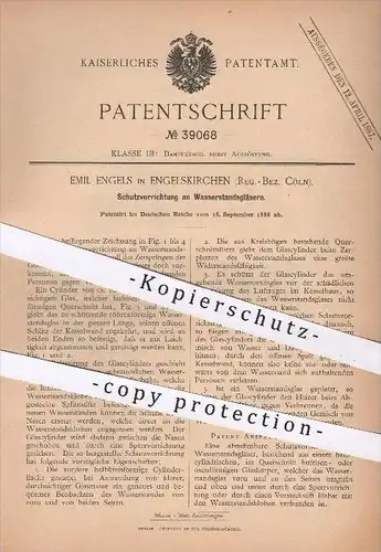 original Patent - Emil Engels in Engelskirchen , Köln , 1886 , Schutz an Wasserstandsgläsern , Dampfkessel , Glas !!