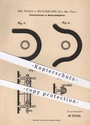 original Patent - Emil Engels in Engelskirchen , Köln , 1886 , Schutz an Wasserstandsgläsern , Dampfkessel , Glas !!