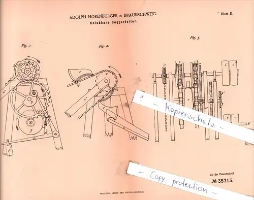 Original Patent  - Adolph Horenburger in Braunschweig , 1885 , Knickbare Baggerleiter !!!