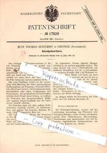 Original Patent  - Jean Thomas Monnenis in Gironde , Frankreich , 1881 , Schnellgerbverfahren !!!
