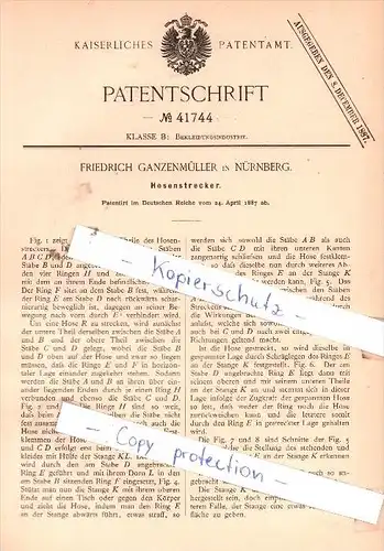 Original Patent  - Friedrich Ganzenmüller in Nürnberg , 1887 , Hosenstrecker !!!