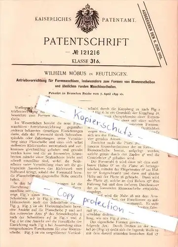 Original Patent  - Wilhelm Möbus in Reutlingen , 1899 , Antriebsvorrichtung für Formmaschinen !!!