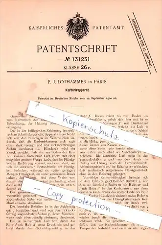 Original Patent  - F. J. Lothammer in Paris , 1900 , Karburirapparat !!!