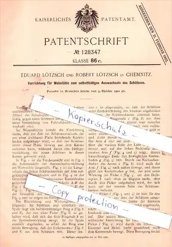 Original Patent  - E. und R. Lötzsch in Chemnitz , 1900 , Webstühle  !!!
